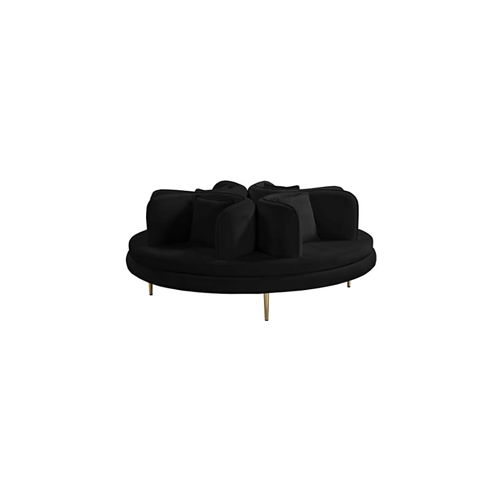 Meridian Furniture 627Black Circlet Collection Modern | Contemporary Velvet Upholstered Roundabout Sofa with Sturdy Gold Iron Legs, Black, 72" W x 72" D x 29" H