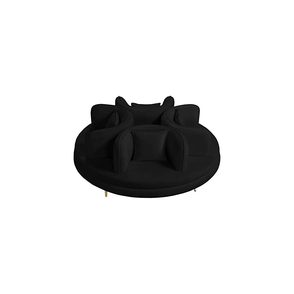 Meridian Furniture 627Black Circlet Collection Modern | Contemporary Velvet Upholstered Roundabout Sofa with Sturdy Gold Iron Legs, Black, 72" W x 72" D x 29" H