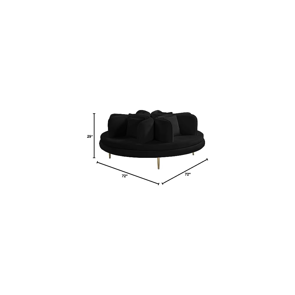 Meridian Furniture 627Black Circlet Collection Modern | Contemporary Velvet Upholstered Roundabout Sofa with Sturdy Gold Iron Legs, Black, 72" W x 72" D x 29" H