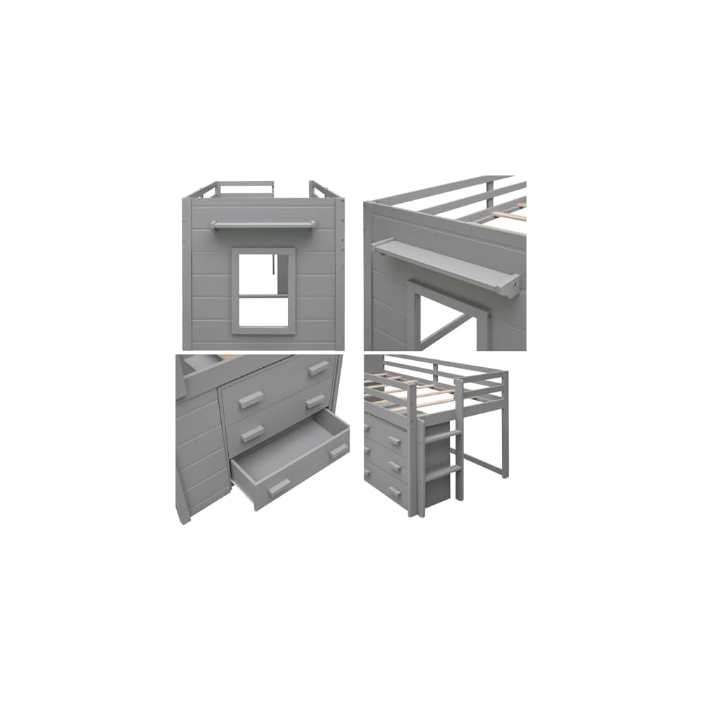 Merax Wooden Loft Bed，Twin Size Wood Bedframe for Kids Teens Adults Bedroom with Cabinet, Shelf, Stairs, Gray