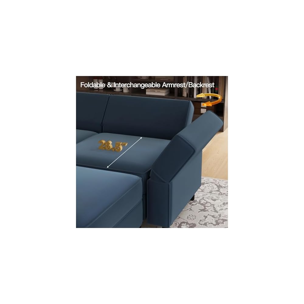 Belffin Modular Sectional Sofa with Ottomans Velvet Reversible Sleeper Sectional Sofa with Chaise Modular Sleeper Sofa Bed with Storage Seat Blue