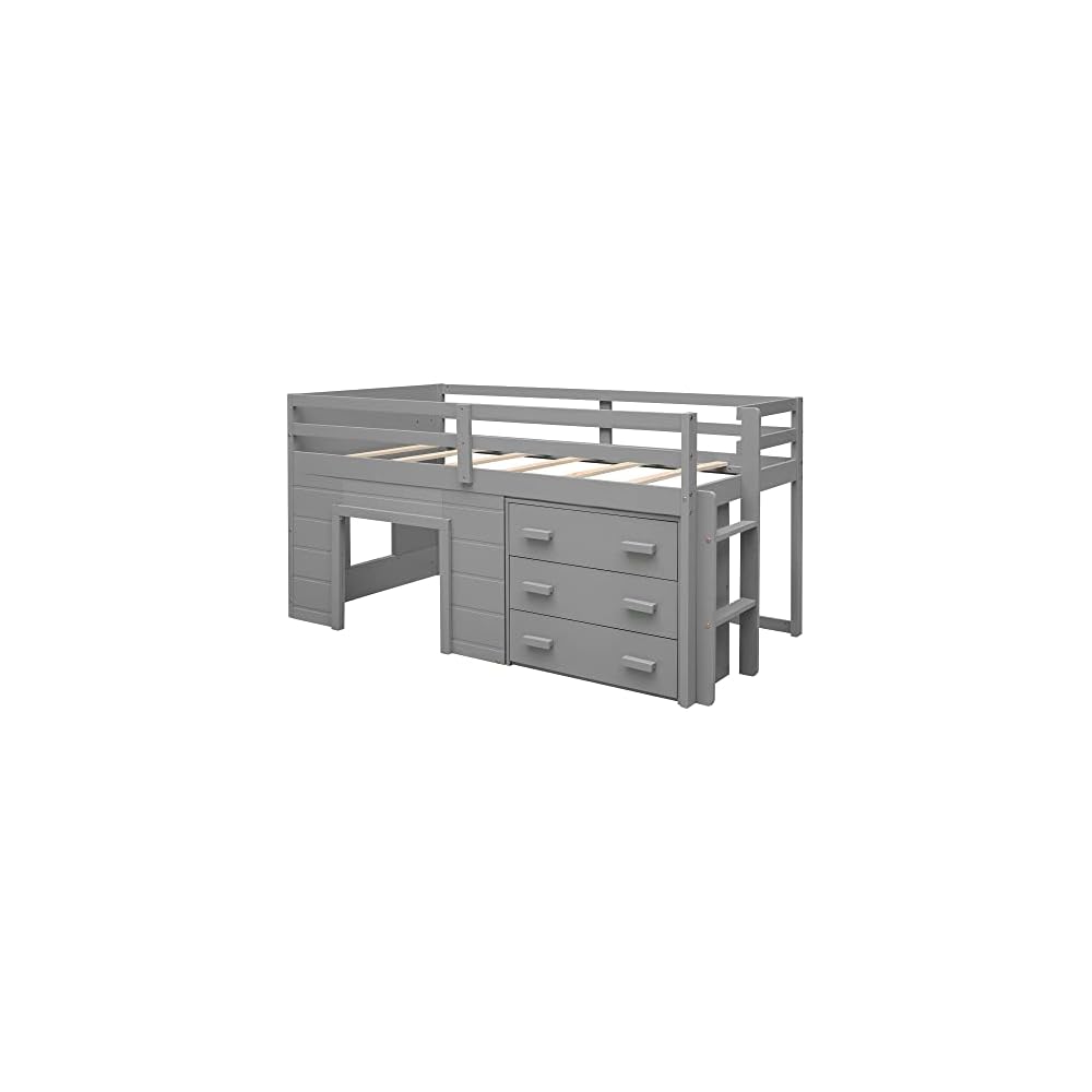 Merax Wooden Loft Bed，Twin Size Wood Bedframe for Kids Teens Adults Bedroom with Cabinet, Shelf, Stairs, Gray