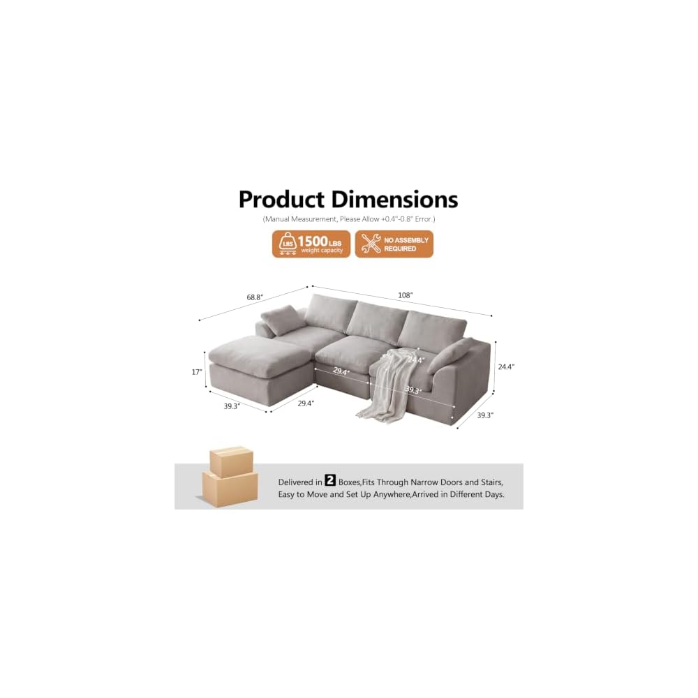108" Cloud Couch Sectional, Boneless Modular Sofa for Living Room