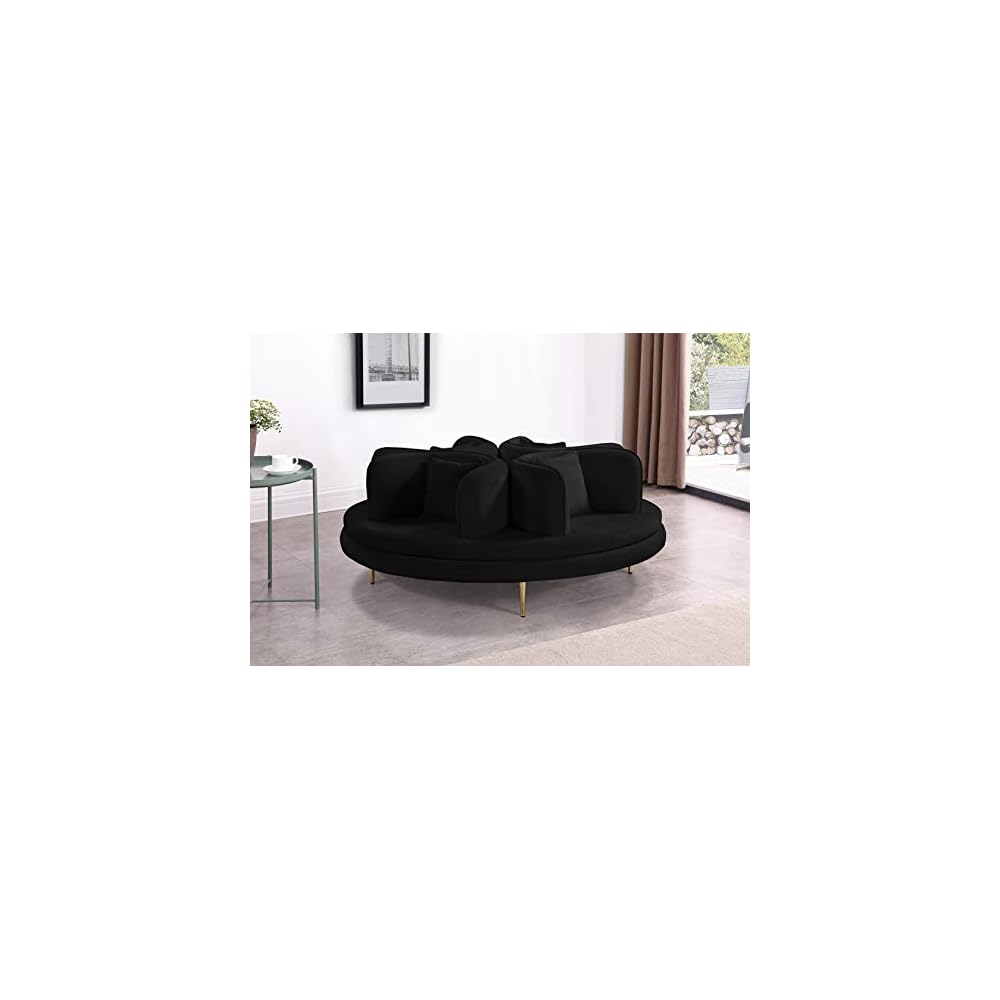 Meridian Furniture 627Black Circlet Collection Modern | Contemporary Velvet Upholstered Roundabout Sofa with Sturdy Gold Iron Legs, Black, 72" W x 72" D x 29" H