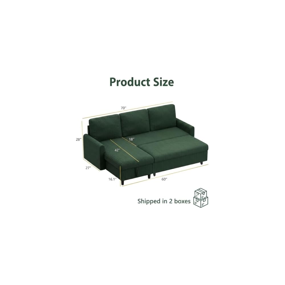 Shintenchi 70'' Sleeper Sofa Bed with Storage, Convertible Pull Out Couch Futon for Living Room, Apartment, Corduroy Fabric L Shaped Sectional Sofa Pull-Out Bed, Green