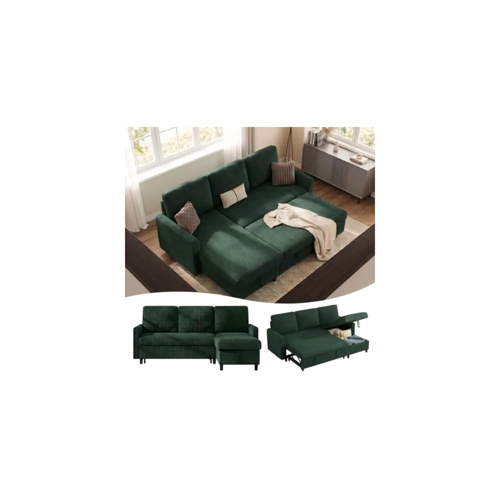 Shintenchi 70'' Sleeper Sofa Bed with Storage, Convertible Pull Out Couch Futon for Living Room, Apartment, Corduroy Fabric L Shaped Sectional Sofa Pull-Out Bed, Green