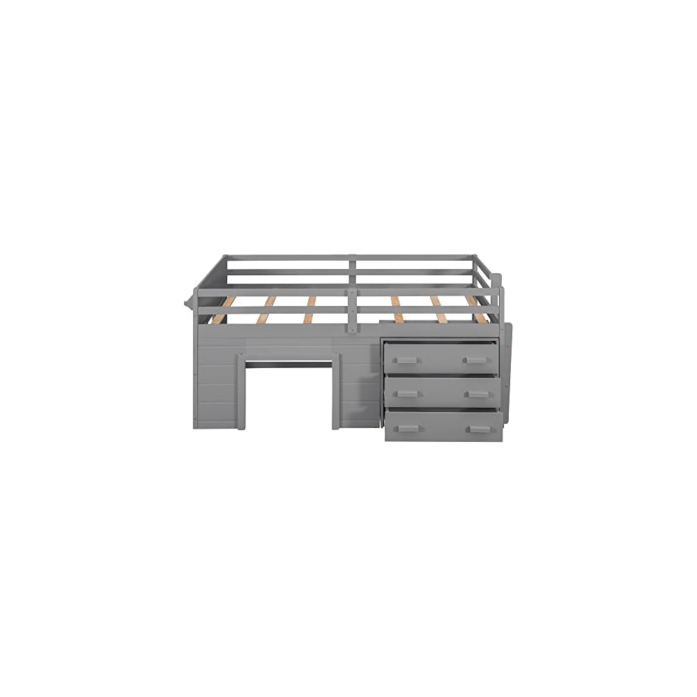 Merax Wooden Loft Bed，Twin Size Wood Bedframe for Kids Teens Adults Bedroom with Cabinet, Shelf, Stairs, Gray