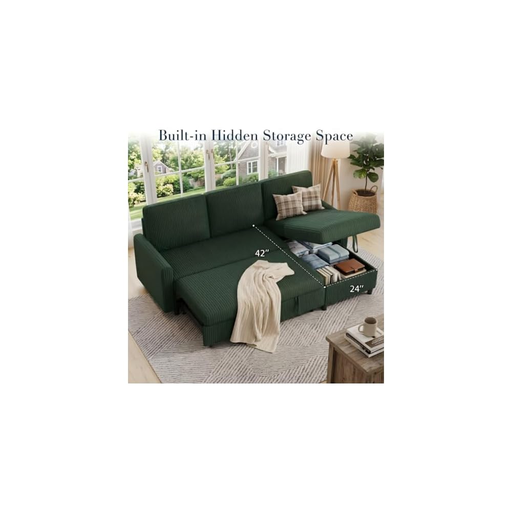 Shintenchi 70'' Sleeper Sofa Bed with Storage, Convertible Pull Out Couch Futon for Living Room, Apartment, Corduroy Fabric L Shaped Sectional Sofa Pull-Out Bed, Green