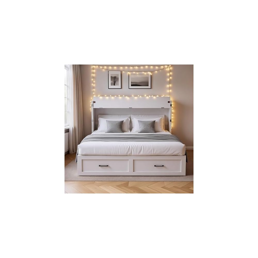 Kikihouse Murphy Bed with Storage & Charging Station, Queen Size Murphy Cabinet Bed Hideaway Bed with Motion Sensor Lights for Bedroom/Guest Room/Office, Foldable Platform Bed Frame, White