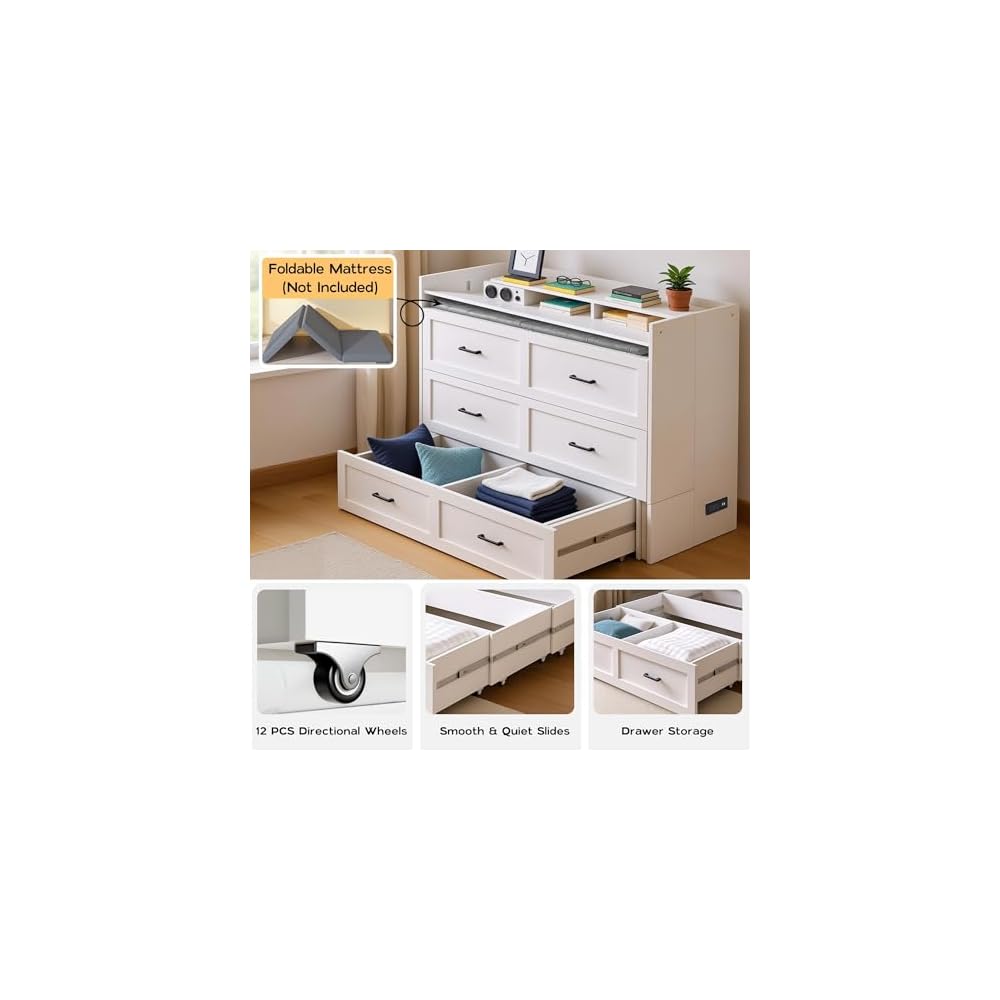 Kikihouse Murphy Bed with Storage & Charging Station, Queen Size Murphy Cabinet Bed Hideaway Bed with Motion Sensor Lights for Bedroom/Guest Room/Office, Foldable Platform Bed Frame, White