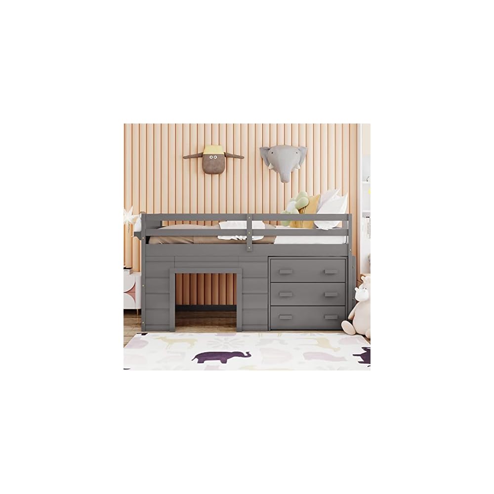 Merax Wooden Loft Bed，Twin Size Wood Bedframe for Kids Teens Adults Bedroom with Cabinet, Shelf, Stairs, Gray
