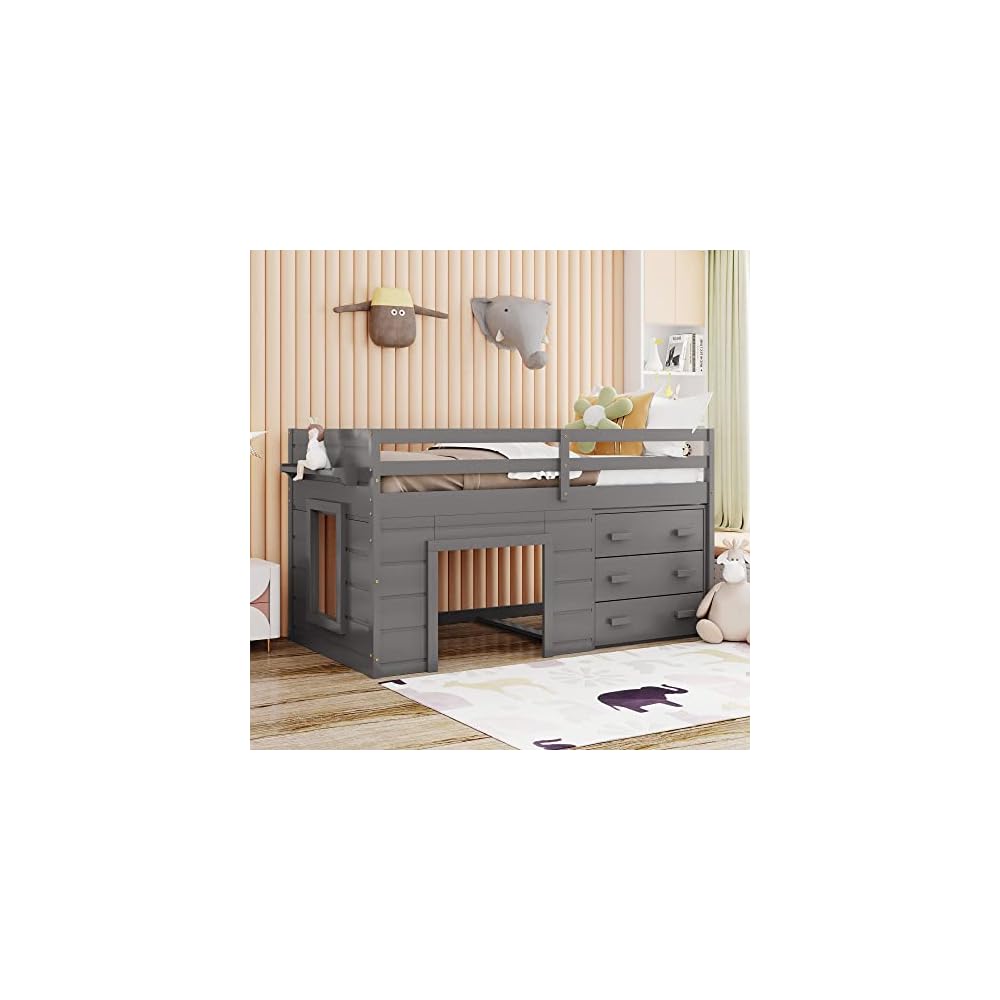 Merax Wooden Loft Bed，Twin Size Wood Bedframe for Kids Teens Adults Bedroom with Cabinet, Shelf, Stairs, Gray