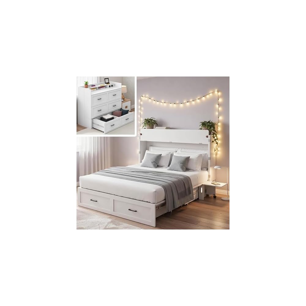 Kikihouse Murphy Bed with Storage & Charging Station, Queen Size Murphy Cabinet Bed Hideaway Bed with Motion Sensor Lights for Bedroom/Guest Room/Office, Foldable Platform Bed Frame, White