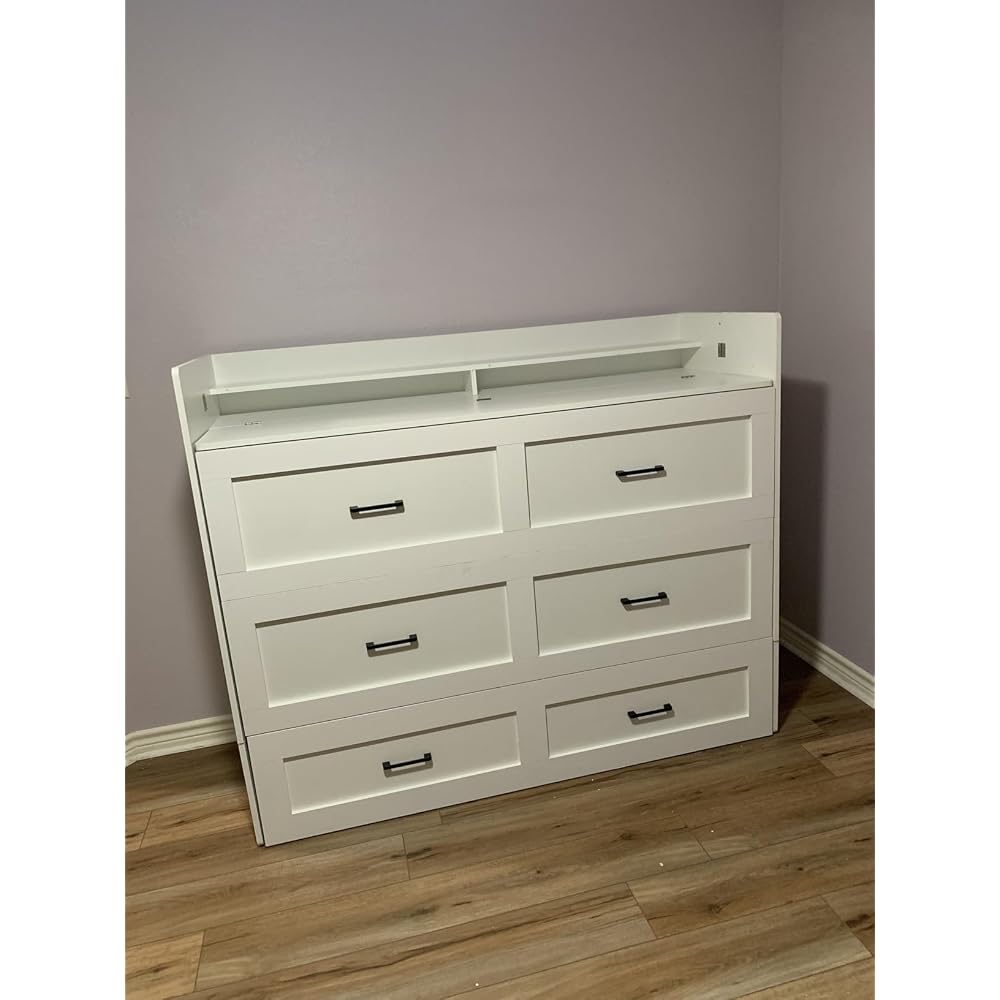 Kikihouse Murphy Bed with Storage & Charging Station, Queen Size Murphy Cabinet Bed Hideaway Bed with Motion Sensor Lights for Bedroom/Guest Room/Office, Foldable Platform Bed Frame, White