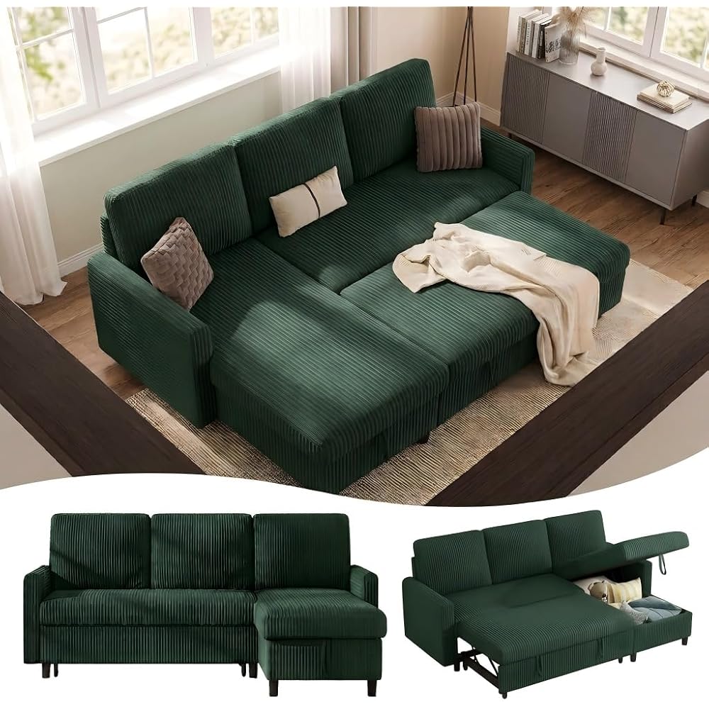 Shintenchi 70'' Sleeper Sofa Bed with Storage, Convertible Pull Out Couch Futon for Living Room, Apartment, Corduroy Fabric L Shaped Sectional Sofa Pull-Out Bed, Green