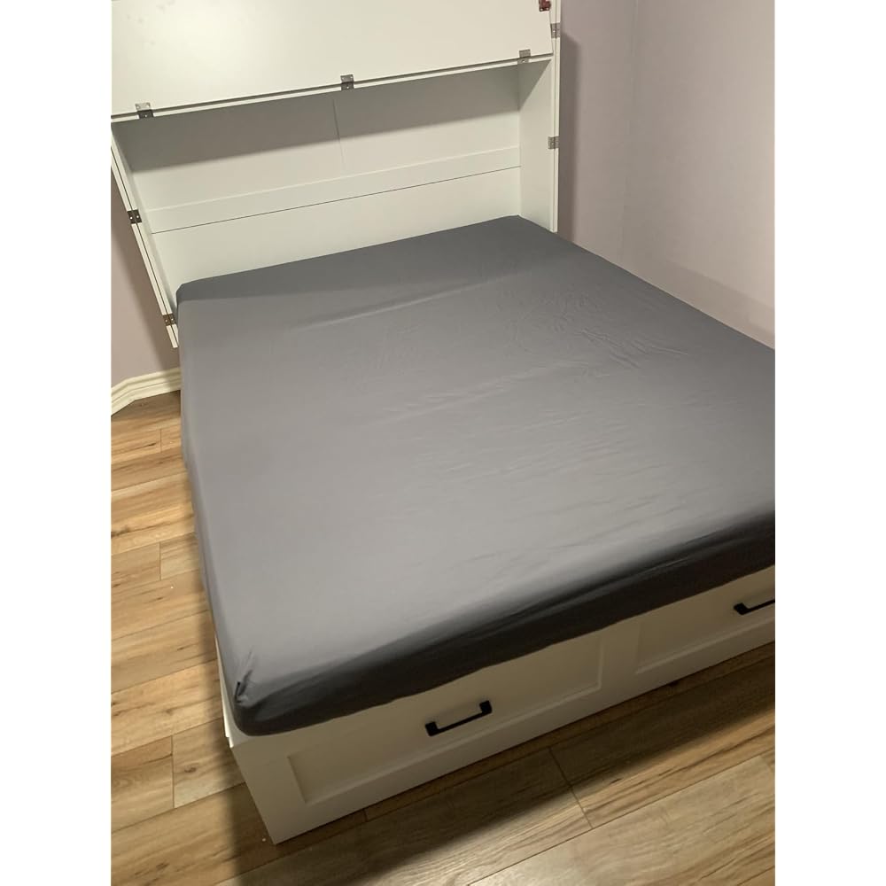 Kikihouse Murphy Bed with Storage & Charging Station, Queen Size Murphy Cabinet Bed Hideaway Bed with Motion Sensor Lights for Bedroom/Guest Room/Office, Foldable Platform Bed Frame, White