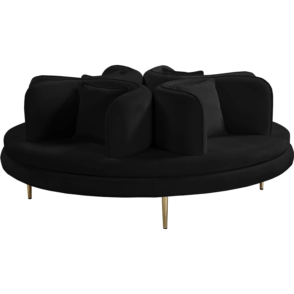 Meridian Furniture 627Black Circlet Collection Modern | Contemporary Velvet Upholstered Roundabout Sofa with Sturdy Gold Iron Legs, Black, 72" W x 72" D x 29" H