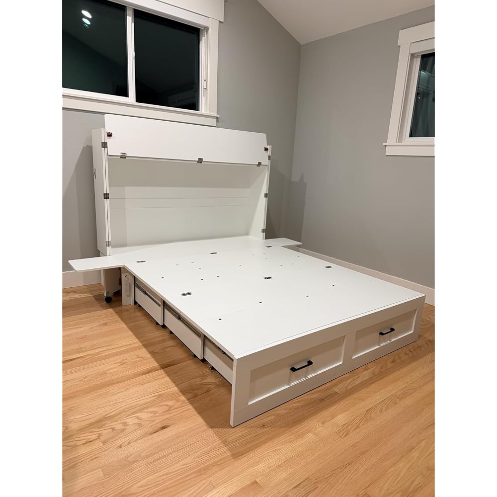 Kikihouse Murphy Bed with Storage & Charging Station, Queen Size Murphy Cabinet Bed Hideaway Bed with Motion Sensor Lights for Bedroom/Guest Room/Office, Foldable Platform Bed Frame, White