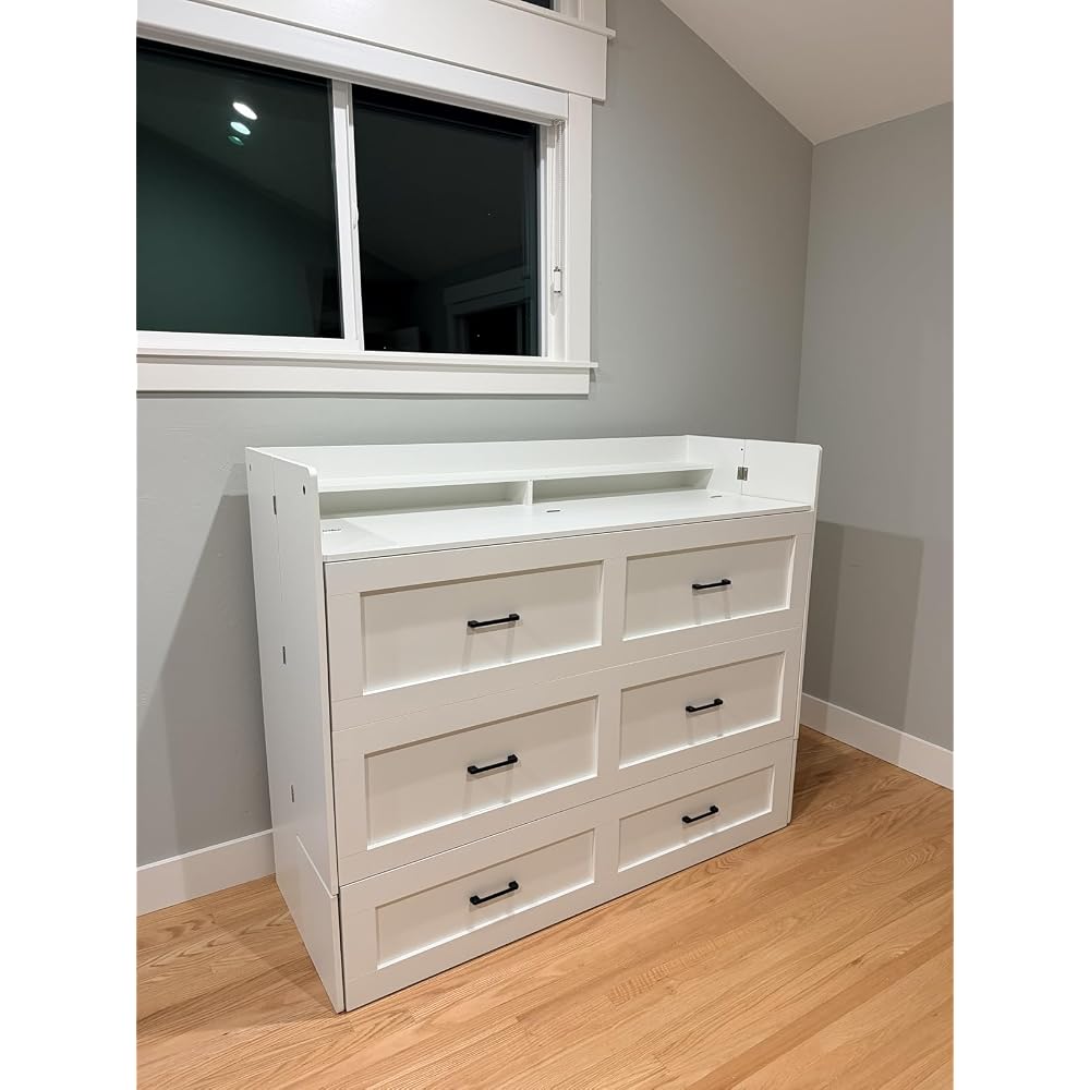 Kikihouse Murphy Bed with Storage & Charging Station, Queen Size Murphy Cabinet Bed Hideaway Bed with Motion Sensor Lights for Bedroom/Guest Room/Office, Foldable Platform Bed Frame, White