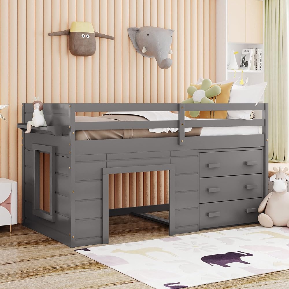 Merax Wooden Loft Bed，Twin Size Wood Bedframe for Kids Teens Adults Bedroom with Cabinet, Shelf, Stairs, Gray